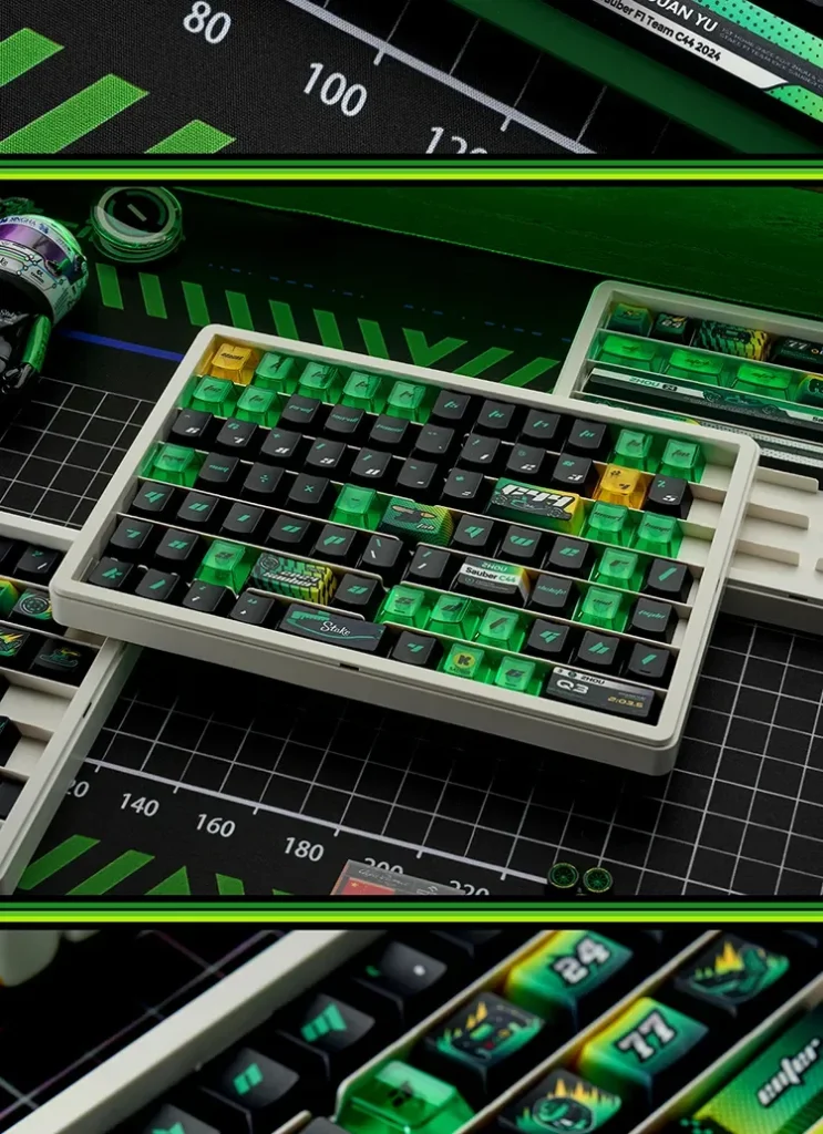 Exclusive F1 Keycap Set featuring Zhou Guanyus Sauber C44 livery in dynamic black and green, displayed from various angles for gamers.