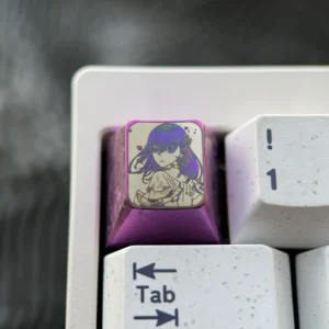 Product gallery of the Fate/Stay Night: Sakura Matou Keycap, highlighting its intricate Matou Sakura pointillism on polished titanium for collectors.