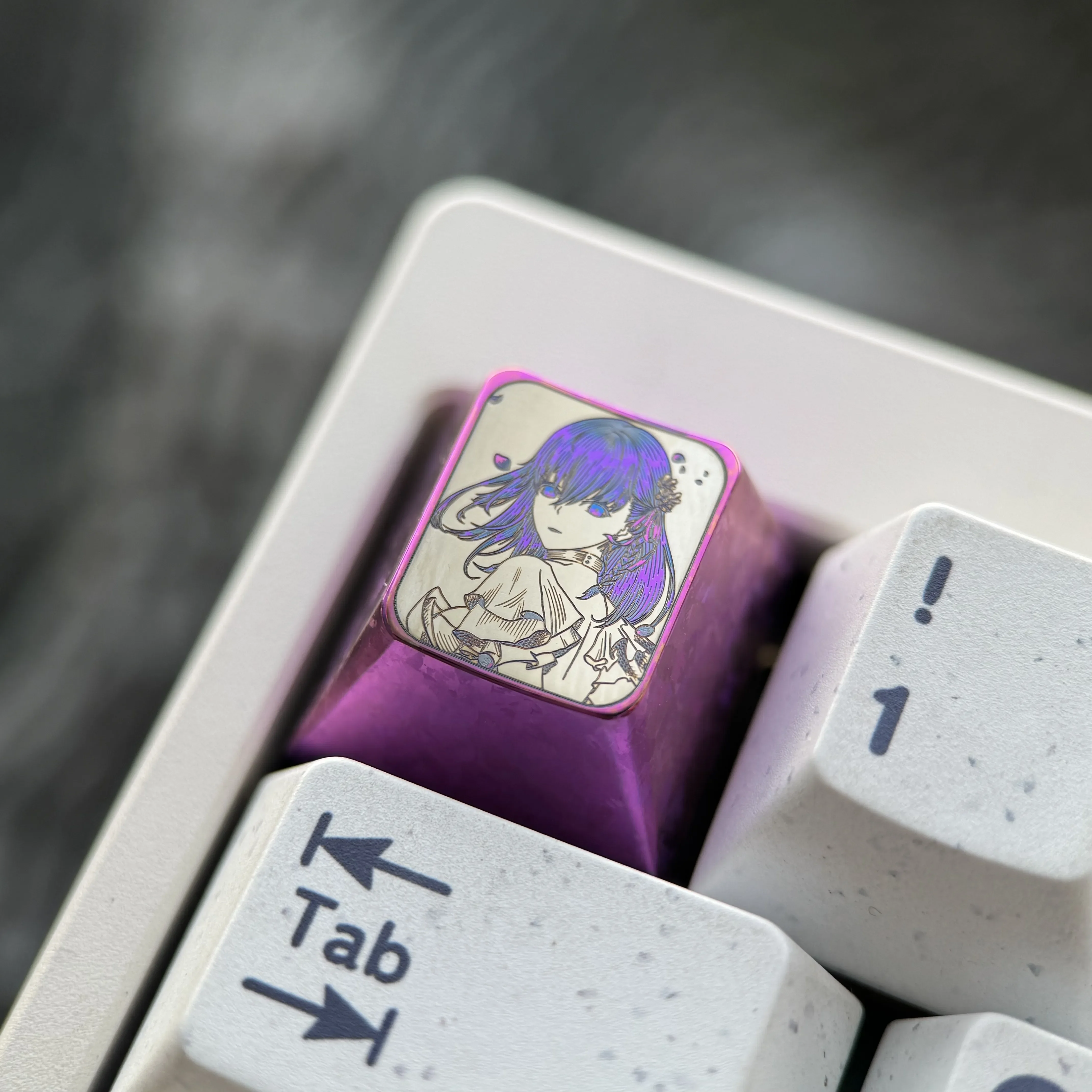 Fate/Stay Night: Sakura Matou Keycap gallery. Intricate Matou Sakura pointillism engraving on polished titanium, shown from various angles. Premium art piece.