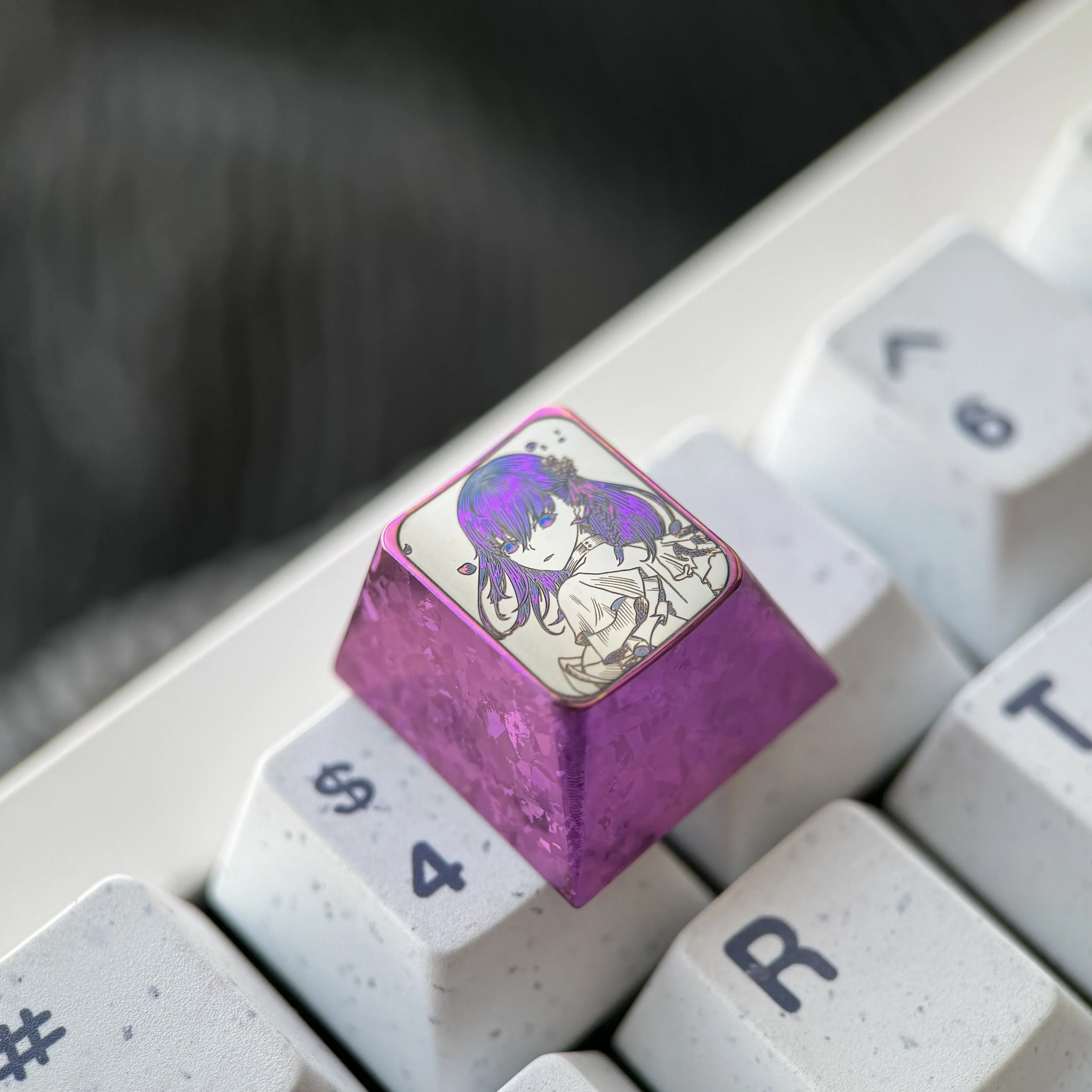 Fate/Stay Night: Sakura Matou Keycap gallery, showcasing precision engraved anime portrait via pointillism on polished titanium from various angles.