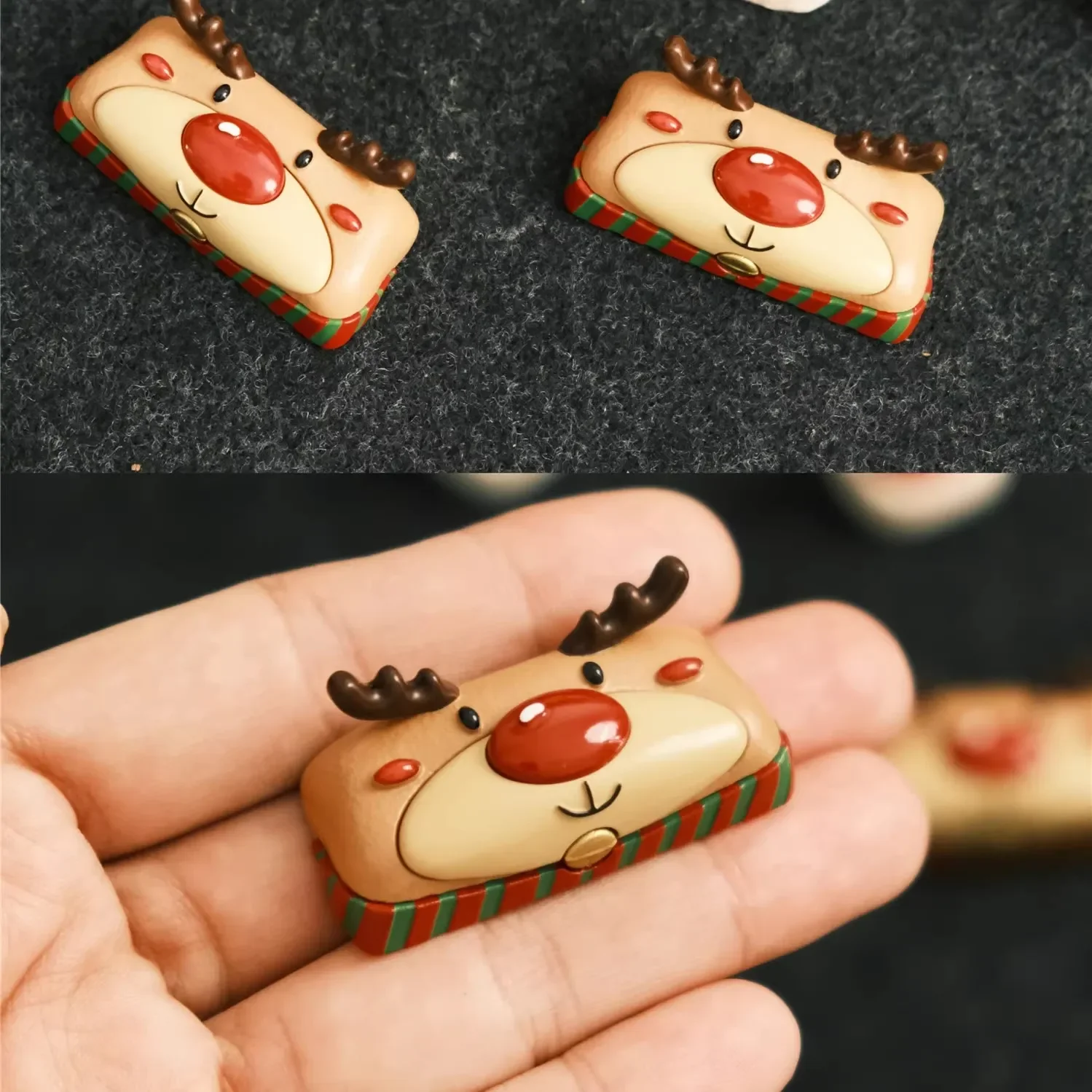 Multiple views of the whimsical hand-sculpted reindeer artisan Christmas keycap, revealing intricate hand-painted details and its vibrant festive design.