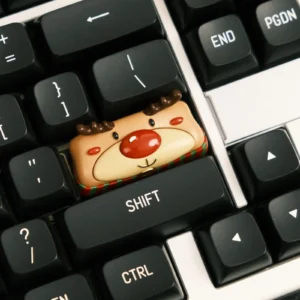 Whimsical hand-sculpted reindeer artisan Christmas keycap for mechanical keyboards, featuring vibrant, intricate festive details.
