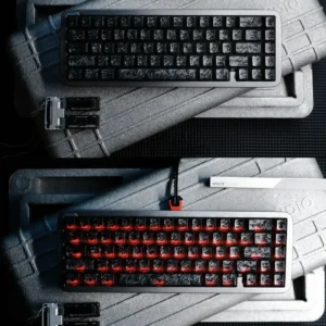 Authentic Forged Carbon Keycap Set with matte translucent finish, revealing dynamic dark texture and subtle diffused backlighting for premium luxury.