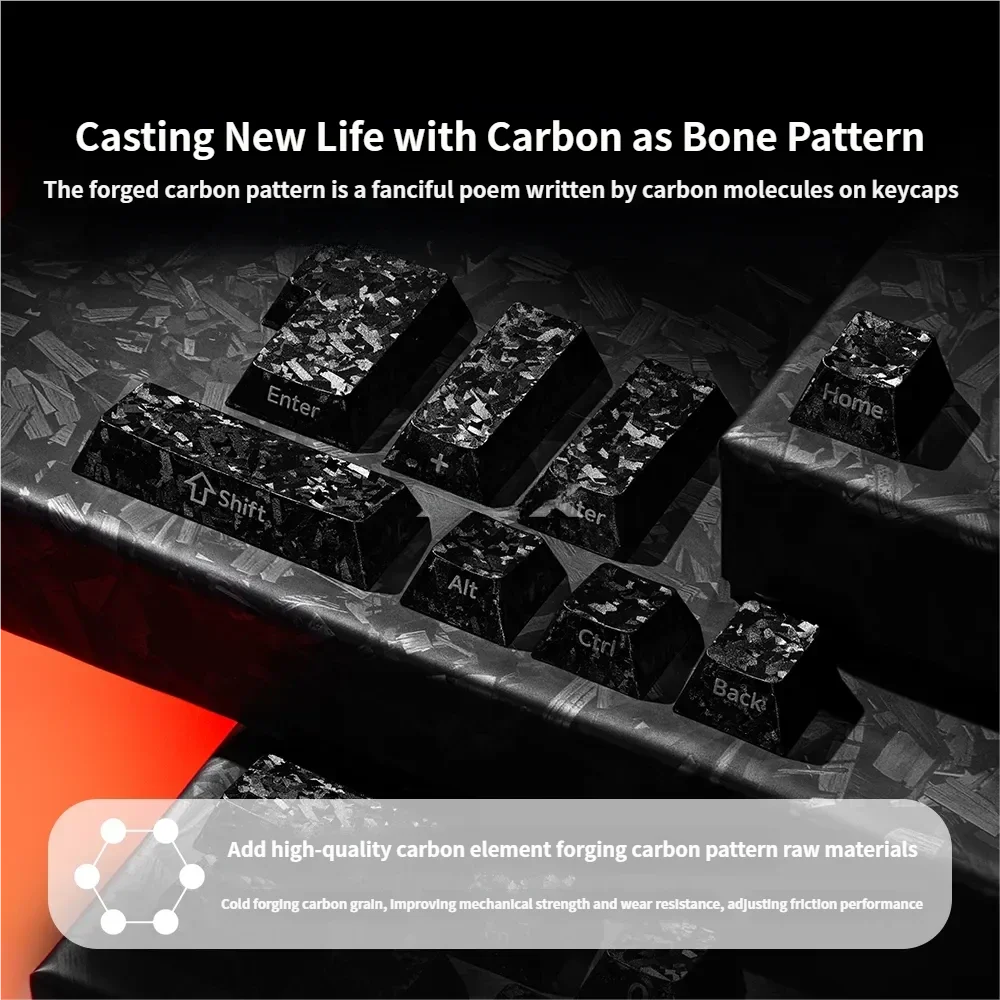 Forged Carbon Keycaps Set gallery showcases striking texture, sleek finish. Features side-print legends and magnetic switch compatibility.