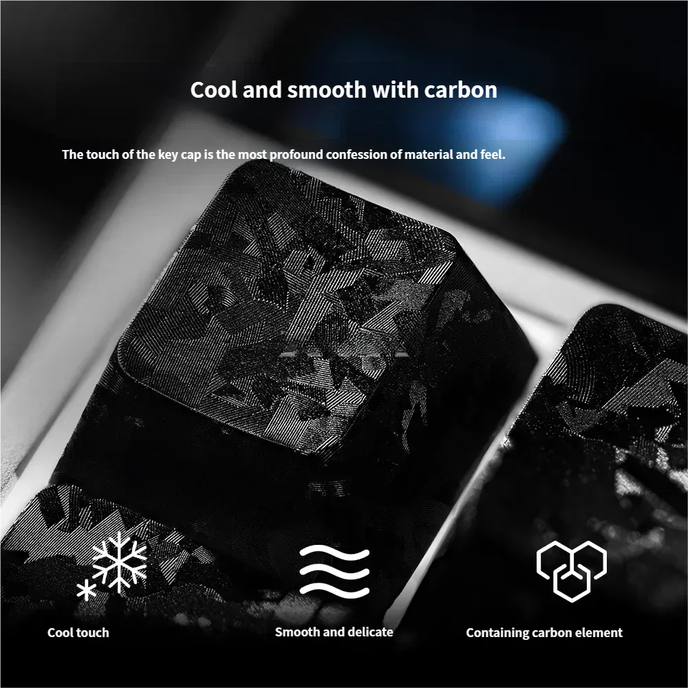 Forged carbon keycaps set showcase dynamic textures, sleek finish, stealthy side-print legends, and magnetic switch compatibility.