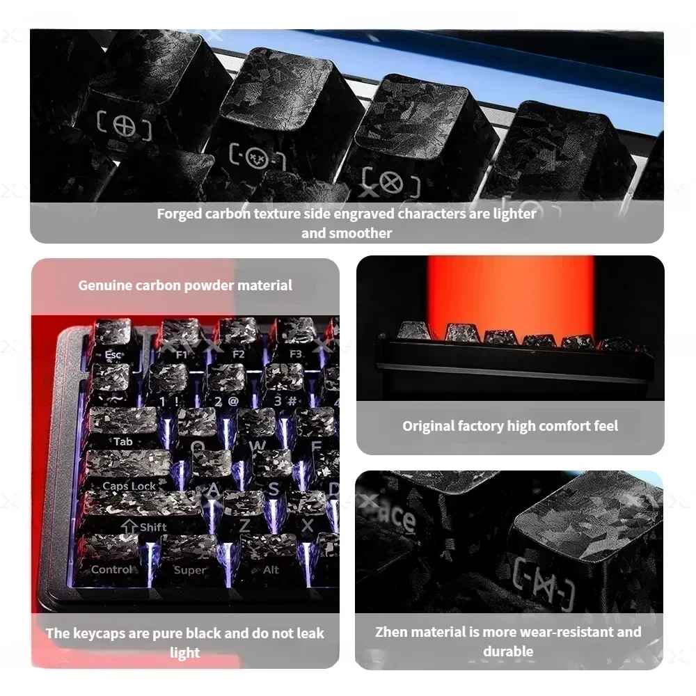 Forged carbon keycaps set. See their striking irregular texture, sleek finish, stealthy side-print legends, and magnetic switch compatibility.
