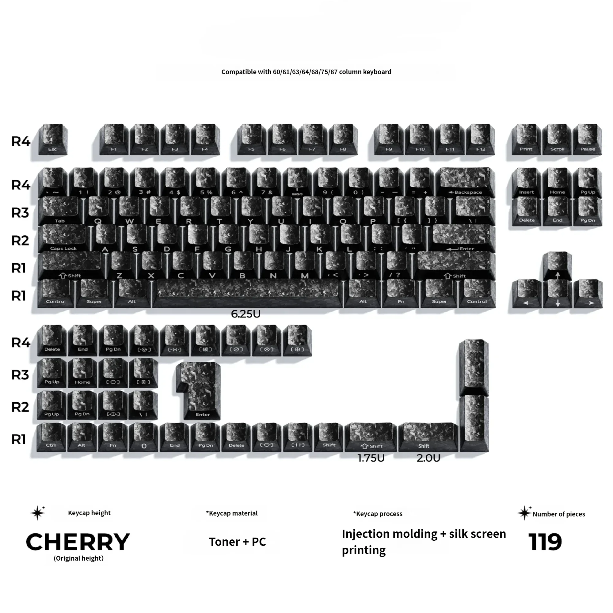 Forged carbon keycaps set with striking irregular texture. Sleek, opaque finish highlights subtle side-print legends. Magnetic switch compatible.