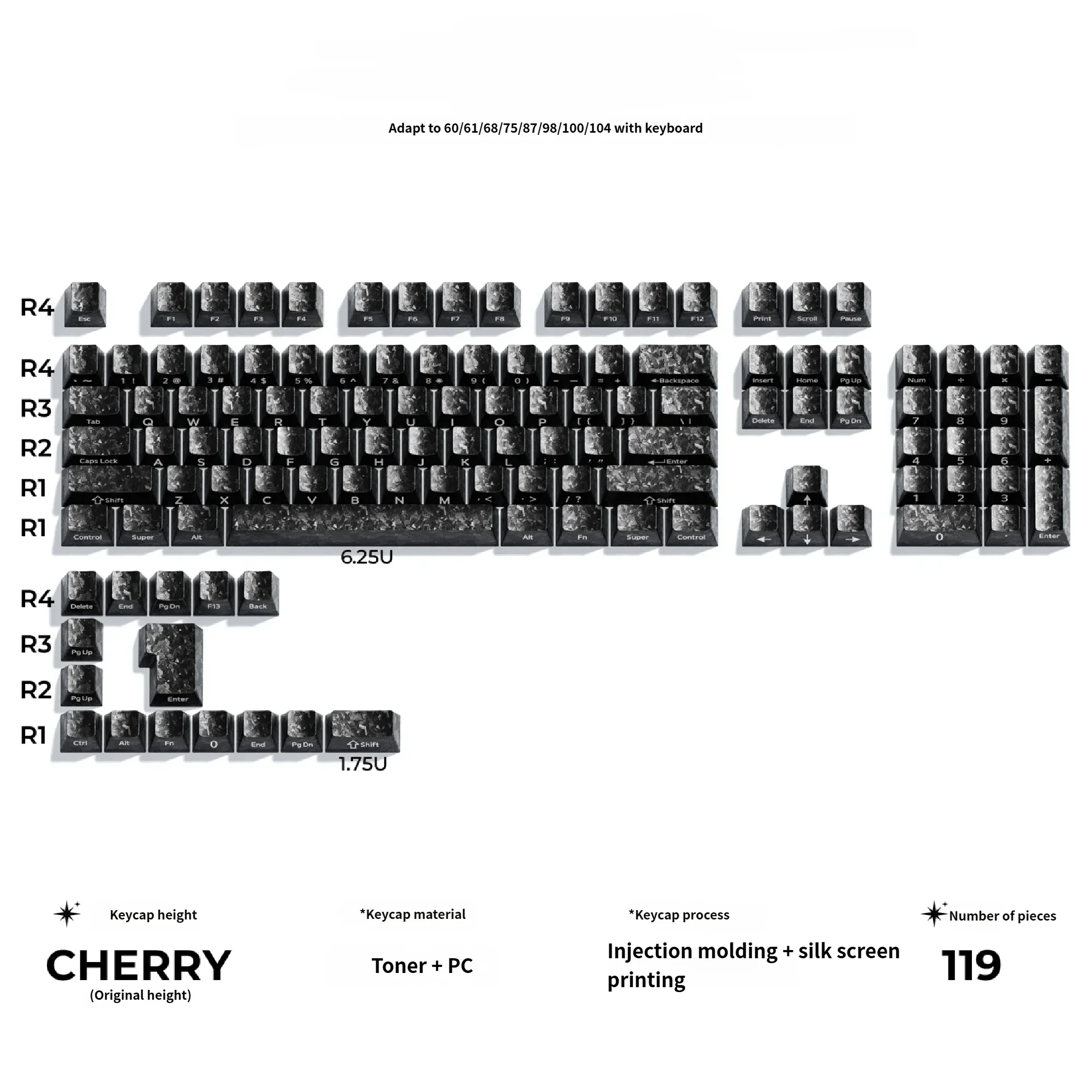 Forged carbon keycaps set with striking irregular texture, sleek opaque finish, and stealthy side-print legends. Magnetic switch compatible.