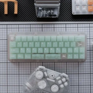 Ethereal frosted emerald PC keycaps set showcasing its refreshing translucent glow and modern aesthetic, perfect for custom keyboards.