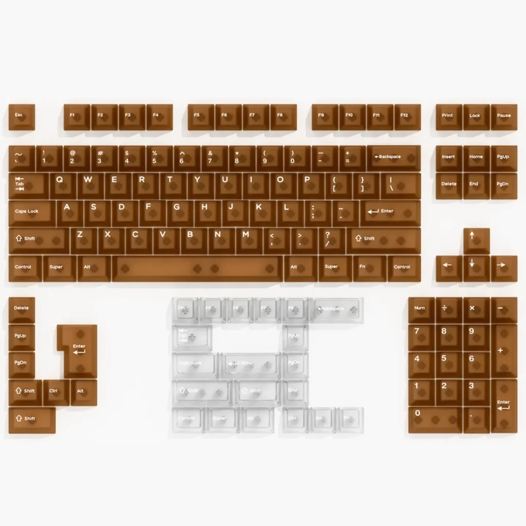 Coffee PC keycaps set, beautifully displaying its unique coffee translucent design. Softly diffused light creates an artistic, warm comfort.