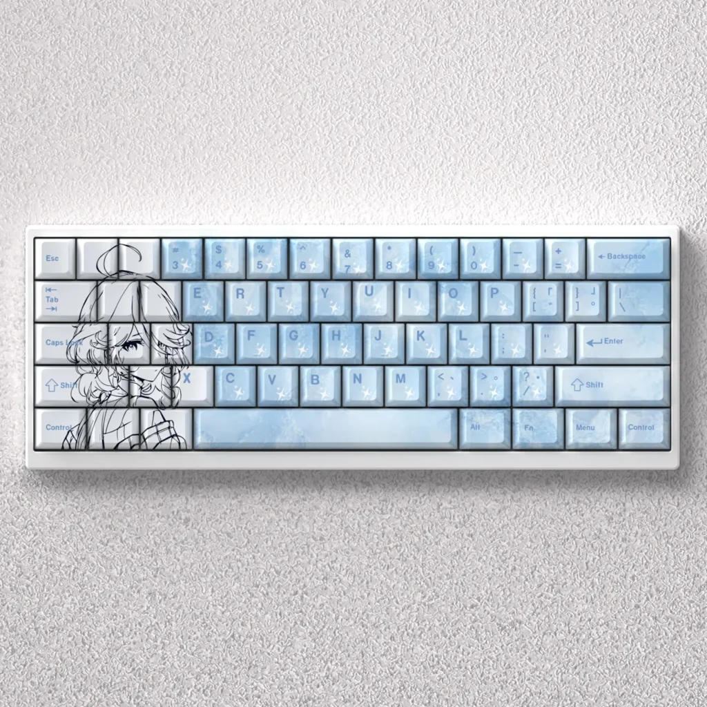 Exclusive Genshin Impact Furina PBT Keycaps Set featuring whimsical Hydro Archon aesthetics and vibrant Fontainian character art for an artistic touch.