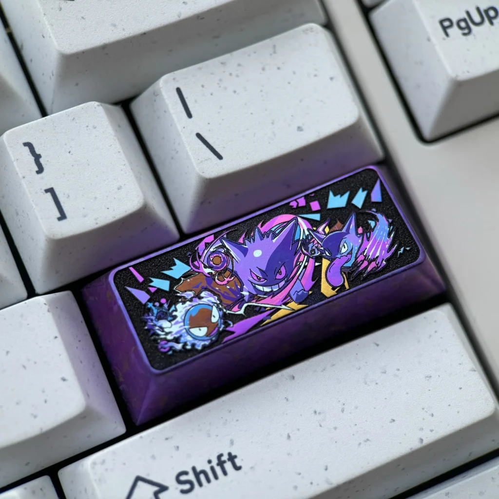Stunning premium titanium Gengar keycap, featuring a detailed sculpted anime design for a custom 2.25U left shift mechanical keyboard.