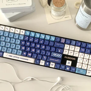 Exclusive Furina PBT dye-sub keycap set, showcasing elegant blue, white, and gold Genshin Impact Fontaine motifs.