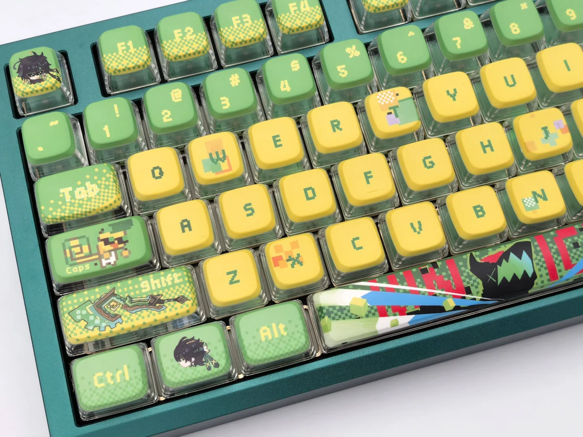 Genshin Impact Kinich creamy translucent keycaps set from multiple angles, highlighting their soft milky pastel hues and ethereal fantasy glow.