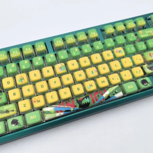 Stunning Genshin Impact Kinich creamy translucent keycaps set, radiating soft pastel hues with an ethereal glow.