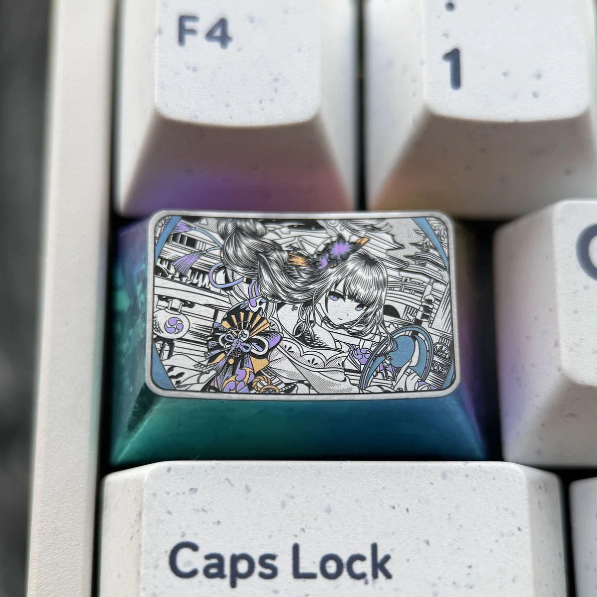 Premium Genshin Impact titanium keycaps featuring Raiden Shogun and Yae Miko, showcasing intricate anime engravings from multiple artistic angles.