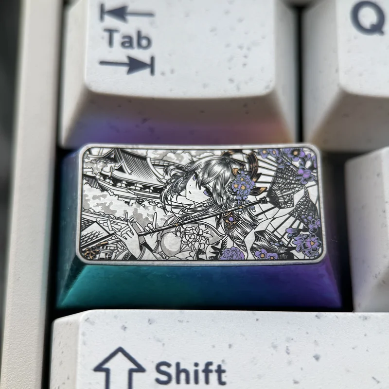 Genshin Impact titanium keycap gallery featuring Raiden Shogun and Yae Miko. Showcases intricate artisan craft and premium anodized titanium from variious angles.