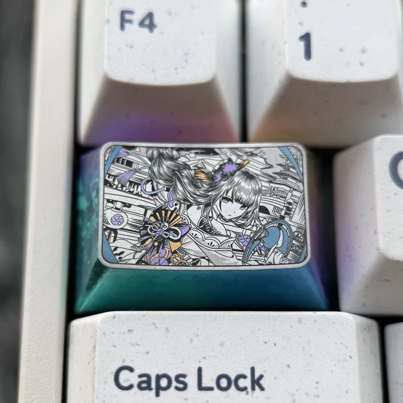 Premium Genshin Impact titanium keycap featuring an intricately etched Raiden Shogun design for a 1.5U Tab key, showcasing artisan craft.