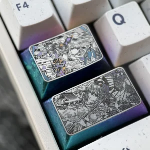 Vivid Genshin Impact titanium keycap with precisely engraved Raiden Shogun and Yae Miko art, showcasing its premium alloy craftsmanship.