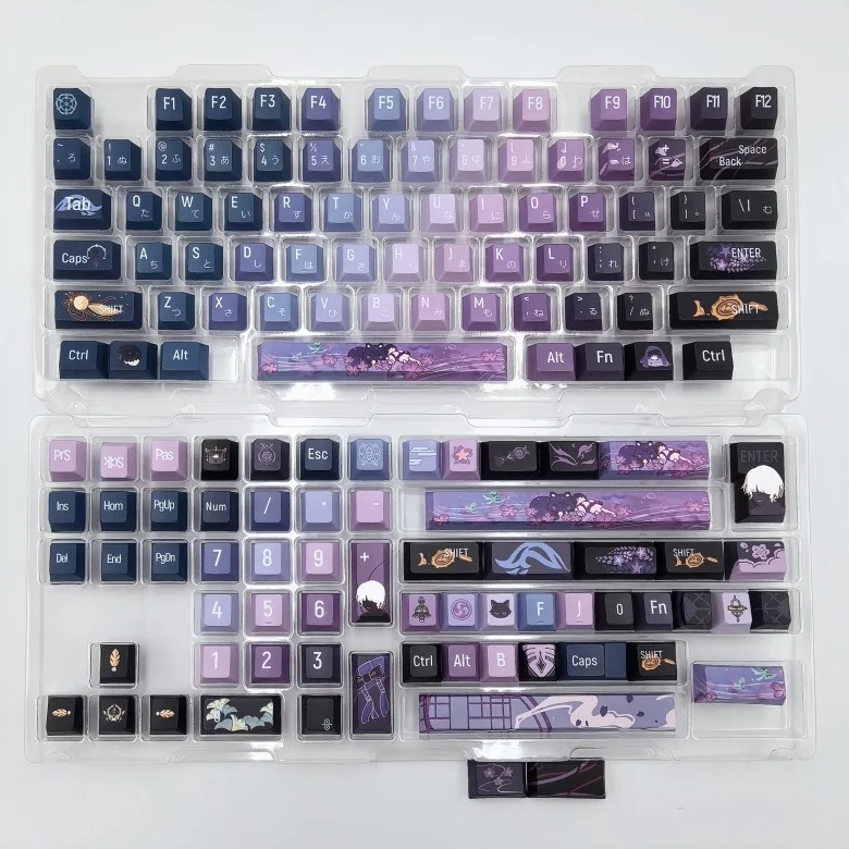 Exclusive Genshin Impact Wanderer PBT keycap set, featuring Scaramouche's ethereal blue-purple hues and character-inspired motifs from various artistic angle.