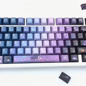 Exclusive Genshin Impact Wanderer PBT Keycaps set showcasing mystical blue-purple hues, elegant character motifs, and an artistic anime aesthetic.