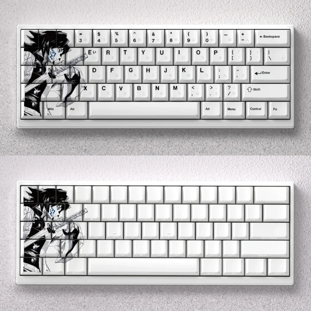 Demon Slayer Tomioka Giyu themed keycap set, front-engraved and opaque, designed for 60%, 65%, and 68% mechanical keyboards.