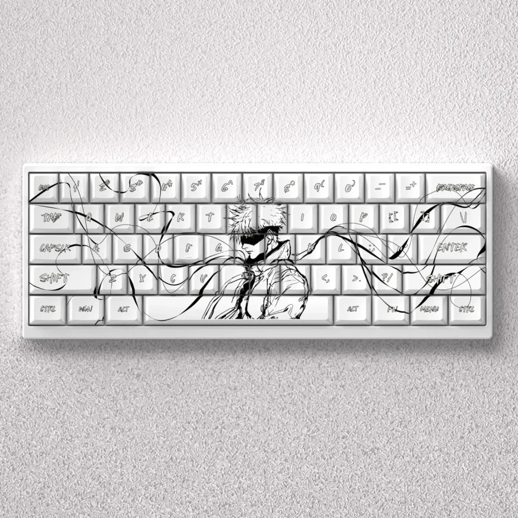 Displaying the exclusive Gojo Satoru PBT mechanical keycaps set featuring iconic anime art and a premium, sleek design.