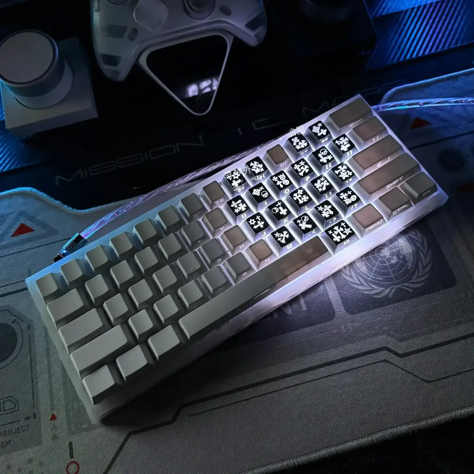 Different angles of the artisan backlit Gothic Heart Supplement Keycap Set, highlighting its intricate Chrome Hearts style, translucent body, and metallic accents.