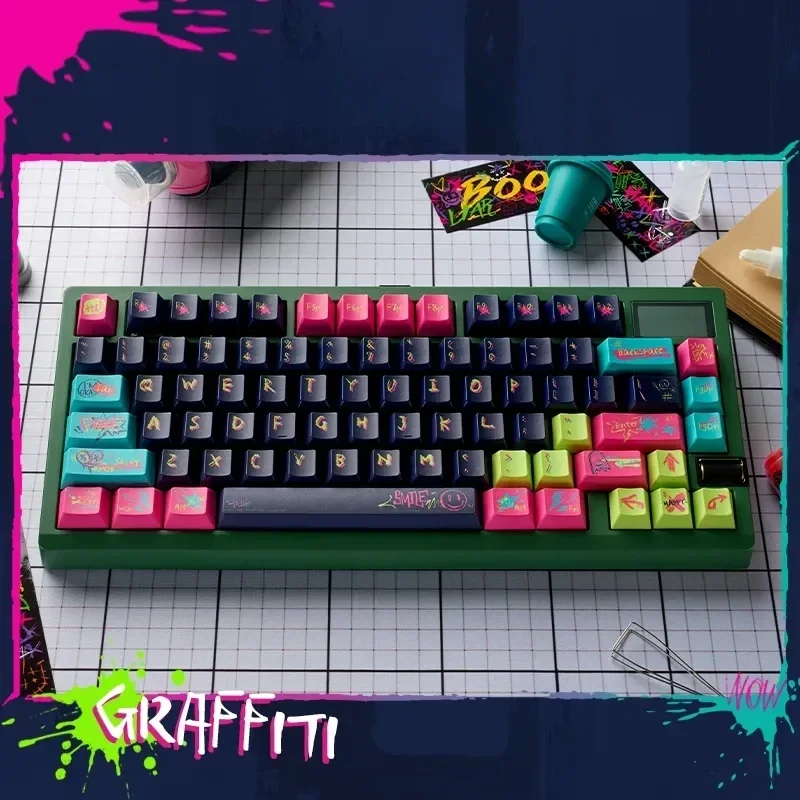 Collection of unique hand-painted graffiti keycaps set, showcasing vibrant street art designs and individual artisan craftsmanship for keyboards.