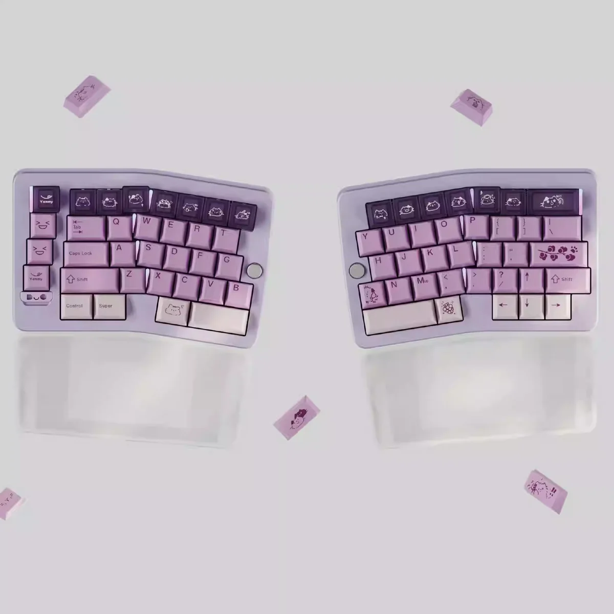 Whimsical Grape Milkshake PBT keycaps set. Multiple gallery views showcase the unique dye-sublimated pastel purples, creamy whites, sweet beverage aesthetics.