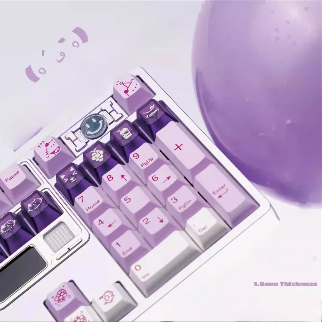 Grape Milkshake PBT keycaps set. Unique dye-sublimated pastel purple and creamy white design shown from multiple playful angles.