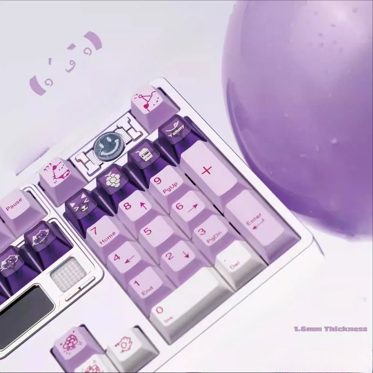 Grape Milkshake PBT keycaps set. Unique dye-sublimated pastel purple and creamy white design shown from multiple playful angles.