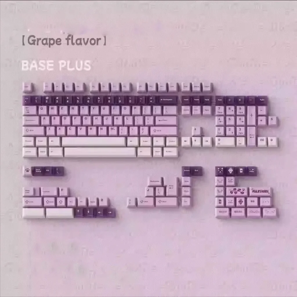 Whimsical Grape Milkshake PBT keycaps set, showcasing the unique dye-sublimated pastel purple and creamy white design from multiple angles.