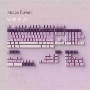 Whimsical Grape Milkshake PBT keycaps set, showcasing the unique dye-sublimated pastel purple and creamy white design from multiple angles.