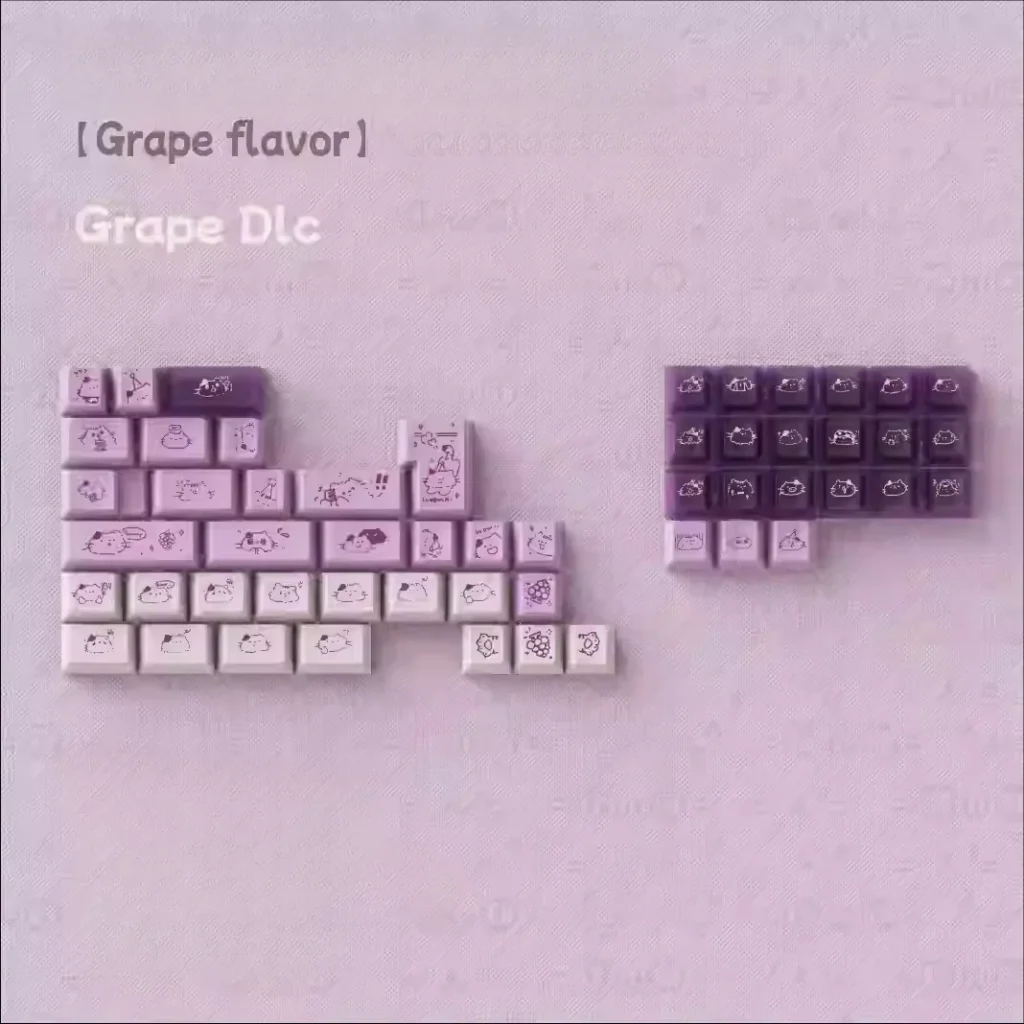 Whimsical Grape Milkshake PBT keycaps set with unique dye-sublimated sweet pastel purples and creamy whites for a playful, beverage-inspired keyboard aesthetics.