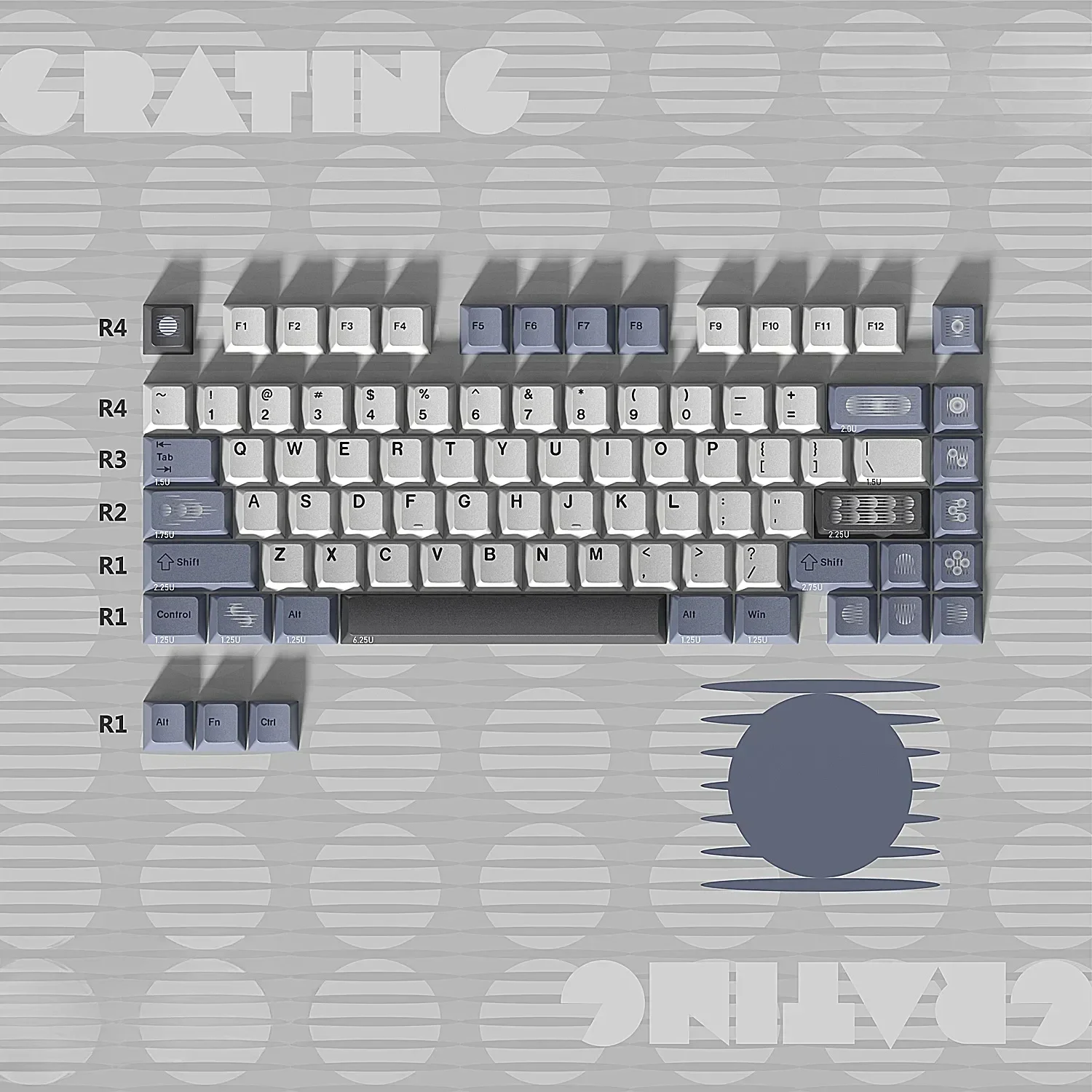 Grating PBT Keycaps set, showcasing unique 5-sided dye-sub optical artistry with modern geometric patterns and perceived depth.