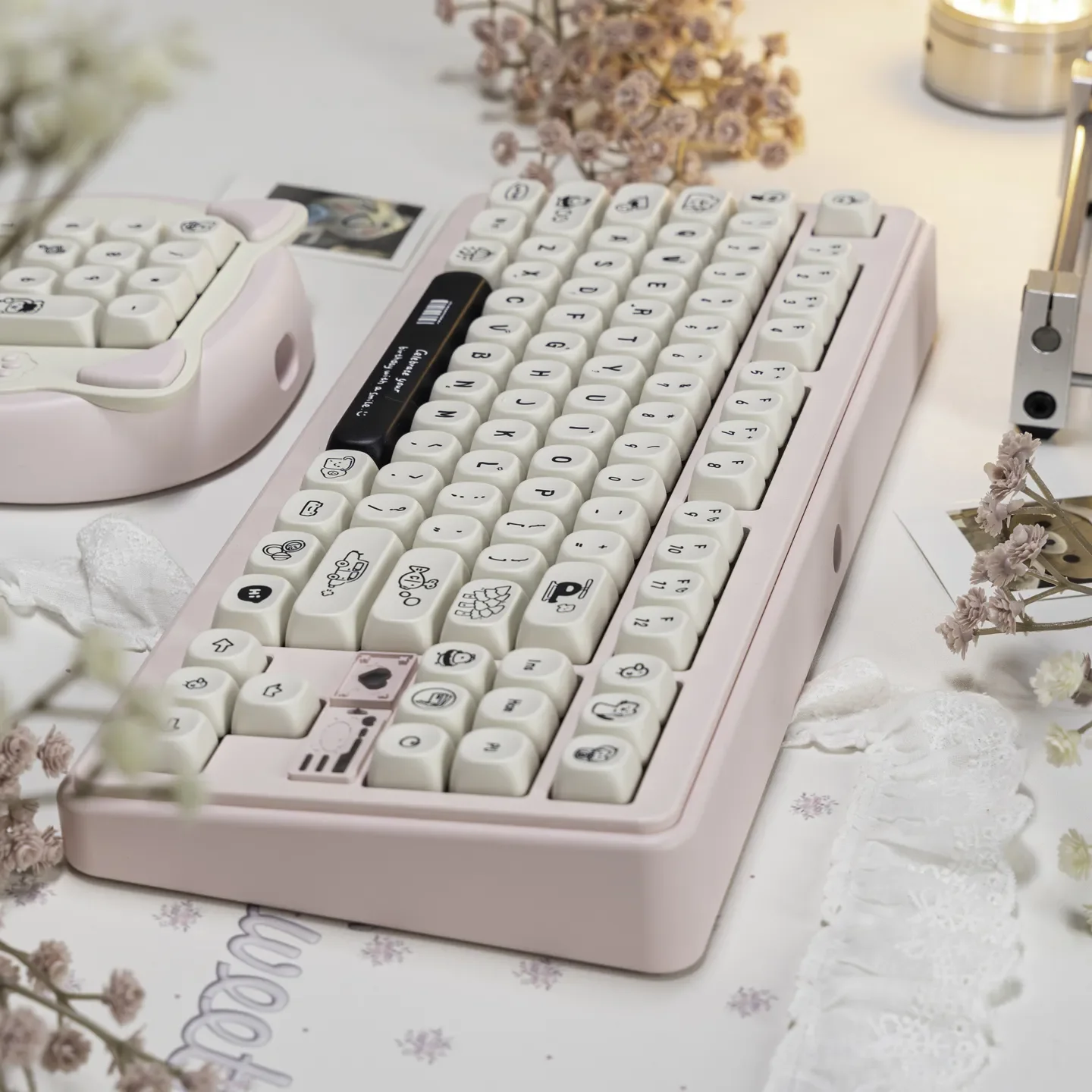 A side view of the Happy Daily Life MOA Keycap Set, highlighting their sculpted, comforting profile and durable white dye-sublimated finish.