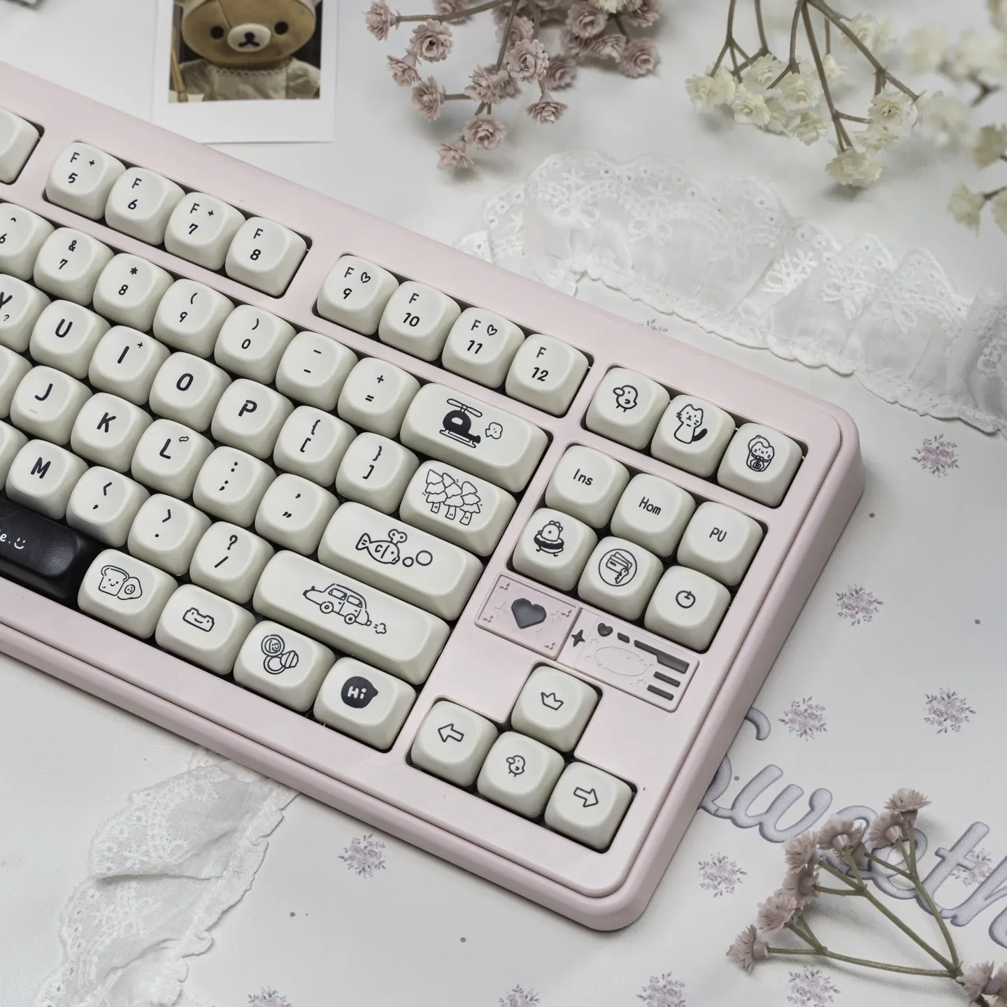 Happy Daily Life MOA Keycap Set, comforting MOA profile. Minimalist white aesthetics from various angles, embodying everyday delight.