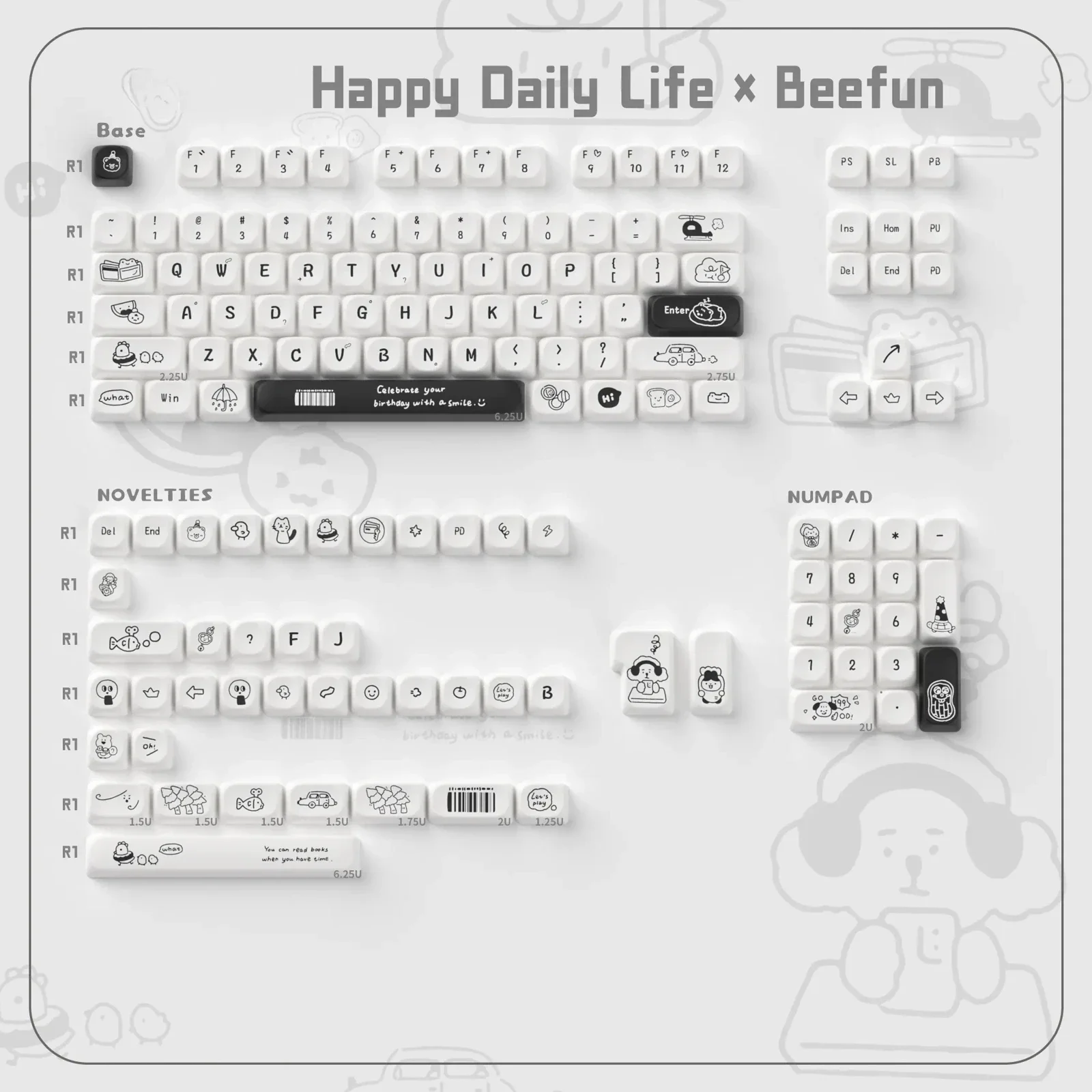 Happy Daily Life MOA Keycap Set in pristine white, showcasing their durable dye-sublimated finish and comforting MOA profile for minimalist setup.