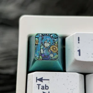 Iconic Hatsune Miku titanium keycap showcasing vibrant anime art, a premium ESC key with sunflower motif and rich green accents.