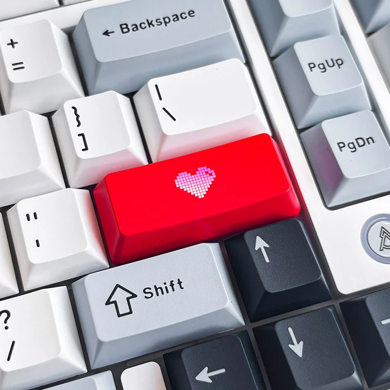 Gallery views of the premium Double-Shot ABS Backlit Heart Keycap, revealing its sleek black finish, glowing red heart, and ergonomic profile setup.