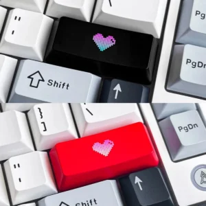 Premium double-shot ABS backlit heart keycap in sleek black, featuring a vibrant red glowing translucent heart icon for mechanical keyboards.