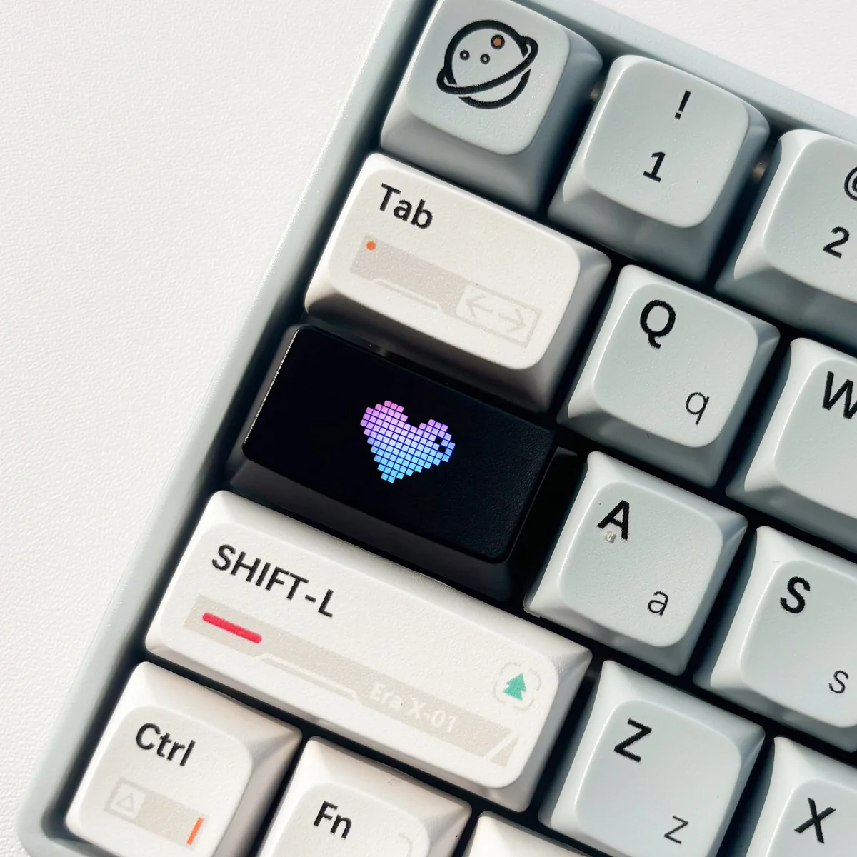 Artistic images of the Luminous Heart Shaped Keycaps, highlighting its subtle illuminated double-shot heart design on a dark design.