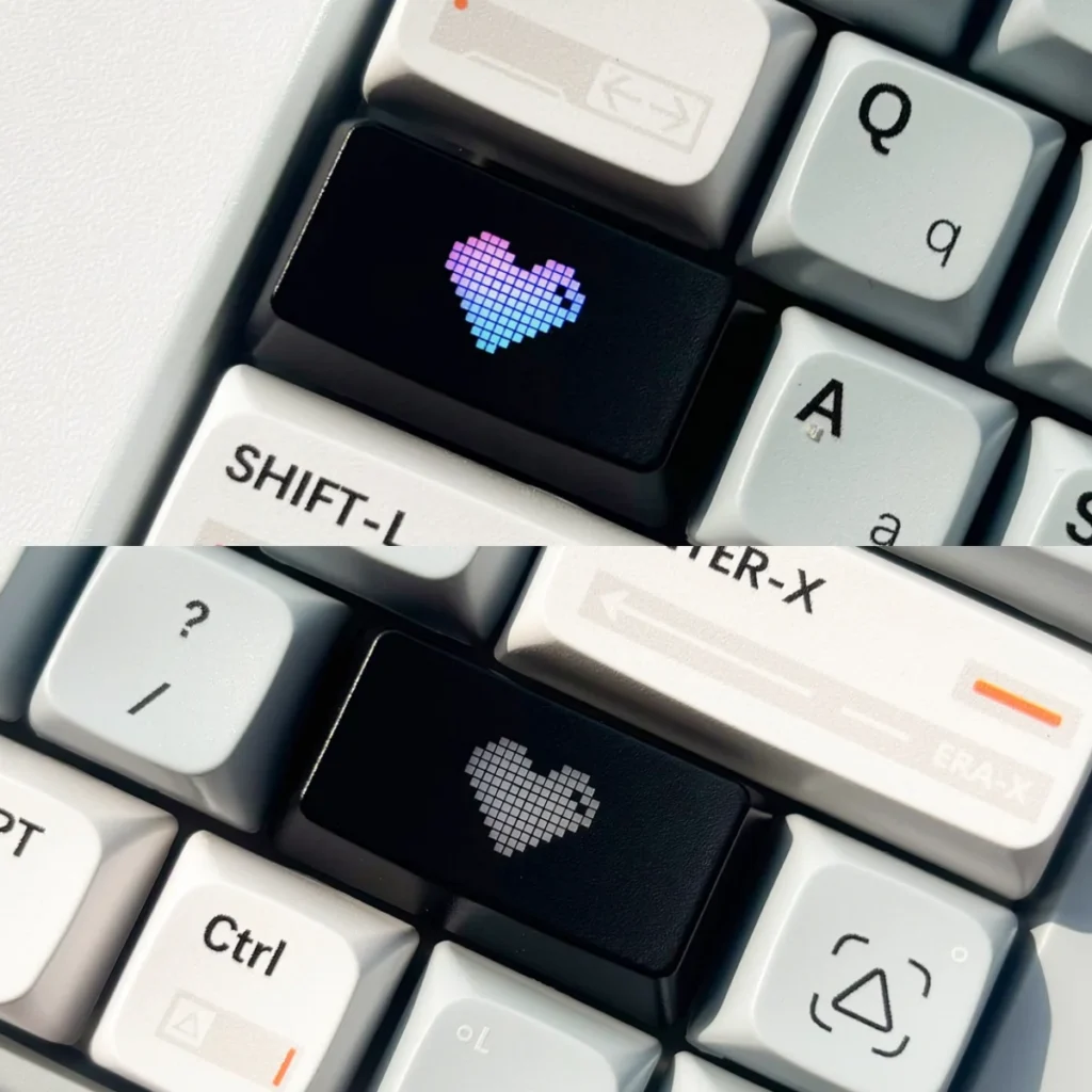 Artistic Luminous Heart Shaped Keycaps, featuring a subtle illuminated heart motif on a sleek dark design.