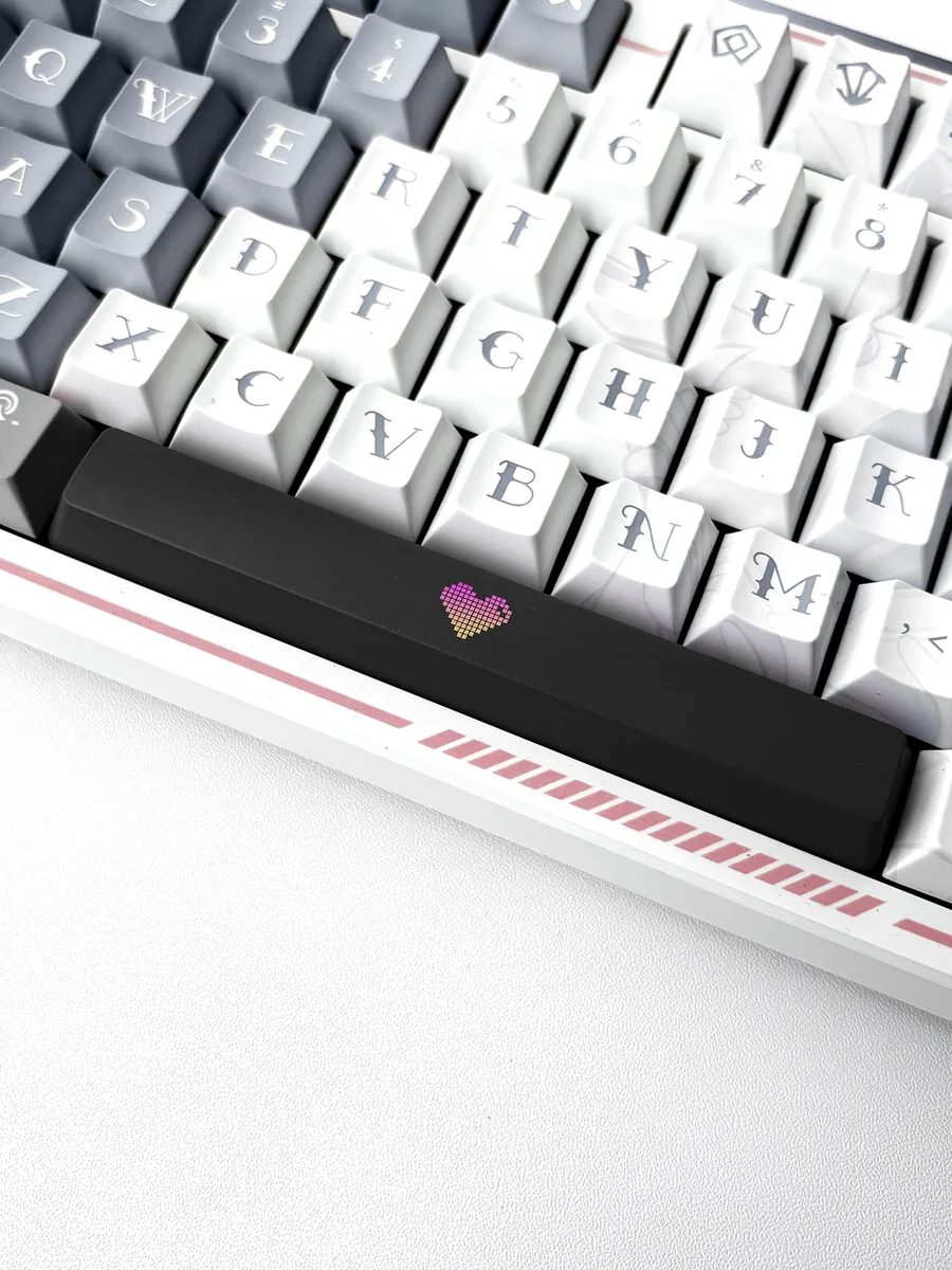 Playful Translucent Heart Space Key Keycap gallery, showing its double-shot ABS construction and illuminated heart design from multiple angles.