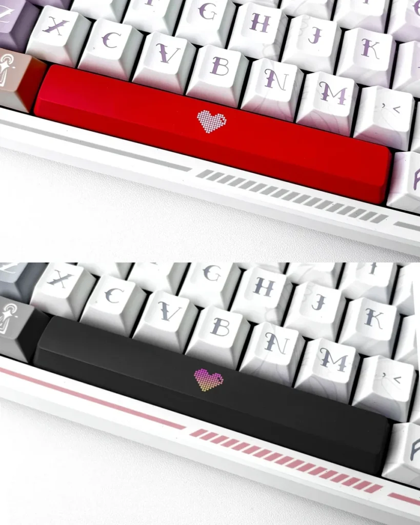 A playful, modern Translucent Heart Space Key Keycap glowing softly, showcasing its unique double-shot ABS design.