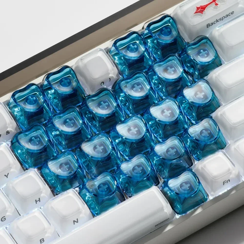 Sleek transparent luminous heart keycaps set for magnetic keyboards, showcasing their unique glow under custom RGB lighting.