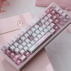 Official Hello Kitty PBT dye-sub keycaps set displayed in a playful pink palette, showcasing iconic characters and durable quality for mechanical keyboard.