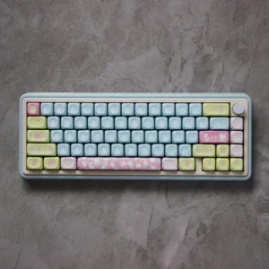 Adorable Hello Kitty MOA profile keycaps set in a playful gallery, featuring various pastel characters from different angles for a cute mechanical keyboard.