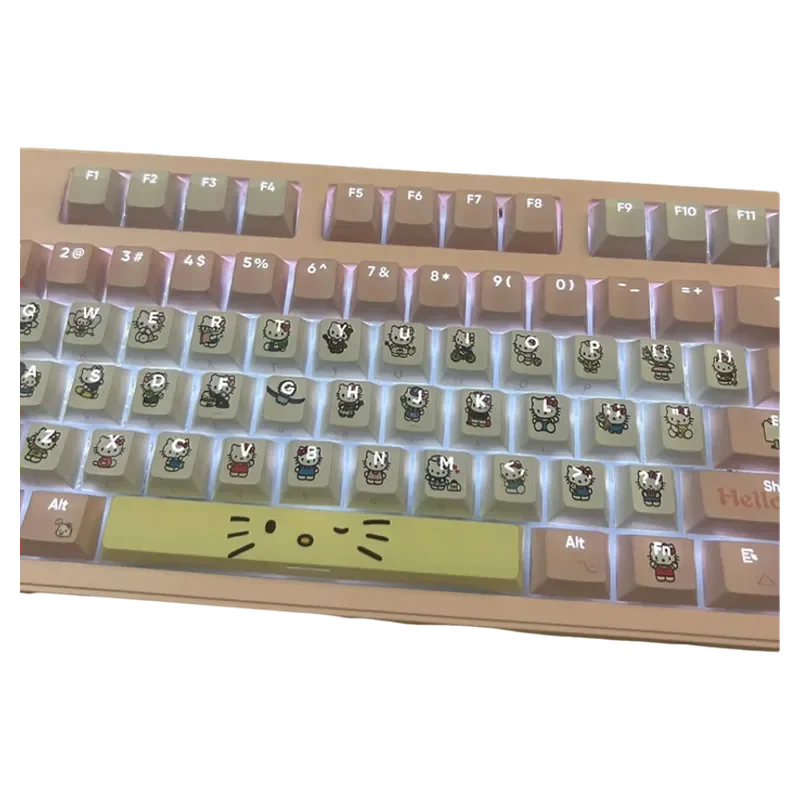 Charming Hello Kitty pink PBT keycaps set showcased, an exclusive set bringing whimsical fun to keyboards. Features iconic Hello Kitty designs.